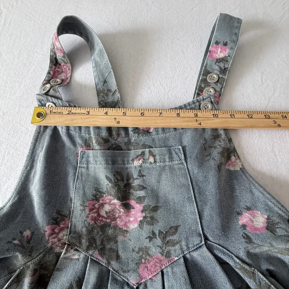 BIB! Floral Denim Shortalls Women XL Blue Pink Rose Print 100% Cotton NWT
